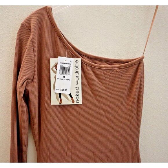 Naked Wardrobe NW-J1183 Women's Sz M Coco Brown One-Shoulder Ribbed Romper - Picture 7 of 11